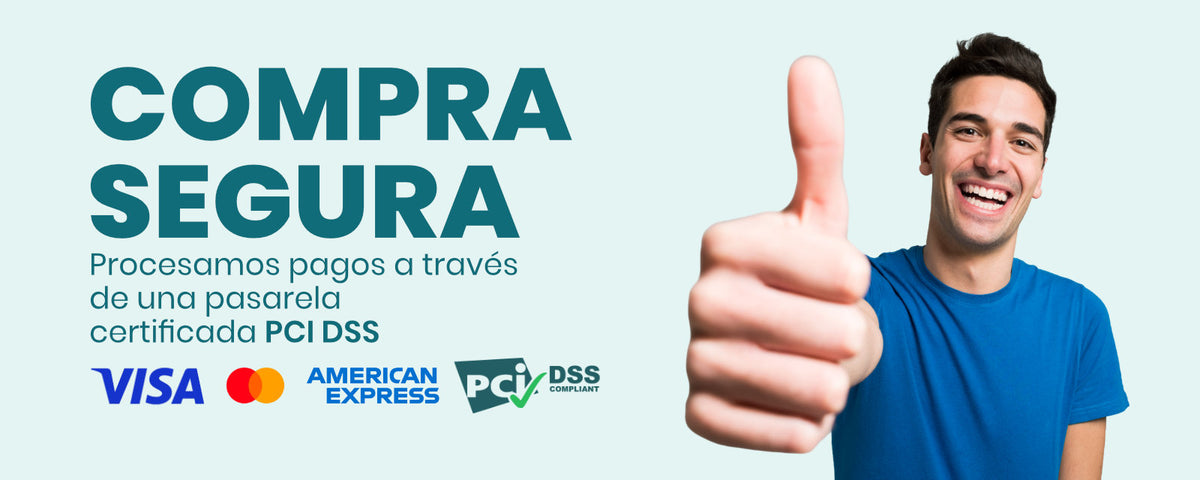 Compra segura: procesamos pagos a través de una pasarela certificada PCI DSS. Aceptamos Visa, Mastercard y American Express.