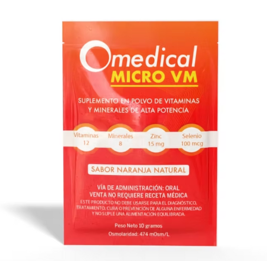 Sobre de Omedical Micro VM, suplemento en polvo de vitaminas y minerales de alta potencia, sabor naranja natural